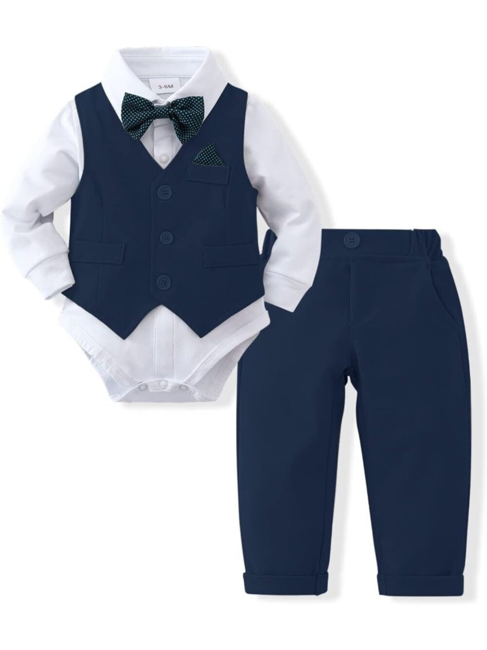 Adorable Baby Boy 4PC Outfit Set - Dress Romper, Vest, Pants & Bow Tie Suit